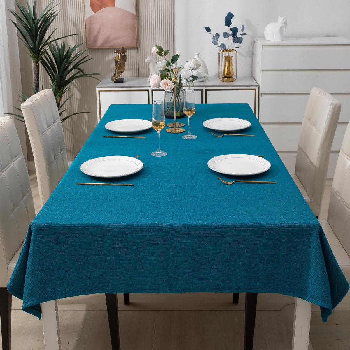 Buy Teal Blue Colour Poly Jute Tablecloth Online | HOKIPO