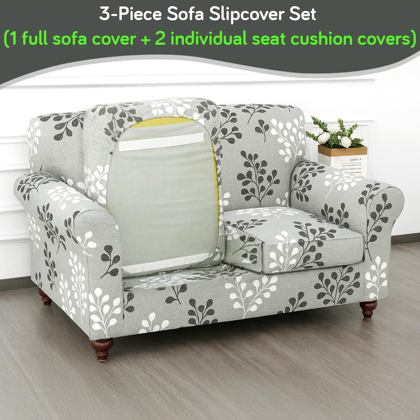 Printed Stretchable Sofa Slipcover with 1/2/3 Pc Separate Seat Cushion Cover for each 1/2/3 Seater, Grey Misty Branches