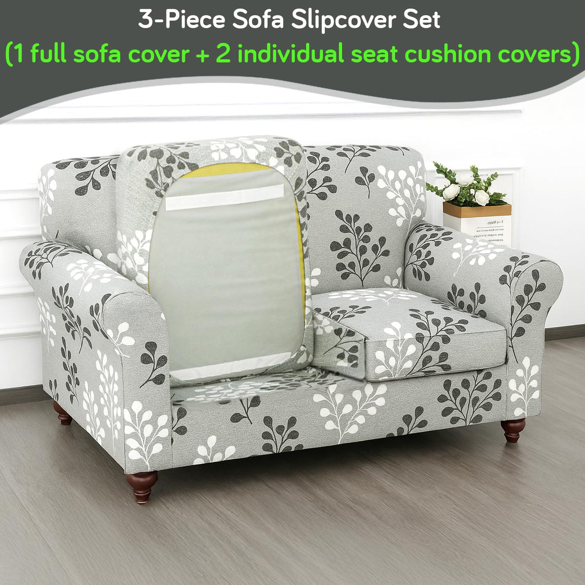 Printed Stretchable Sofa Slipcover with 1/2/3 Pc Separate Seat Cushion Cover for each 1/2/3 Seater, Grey Misty Branches