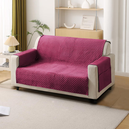 Quilted Velvet Sofa Cover Mat with Side Pockets, Pet Friendly, Wine