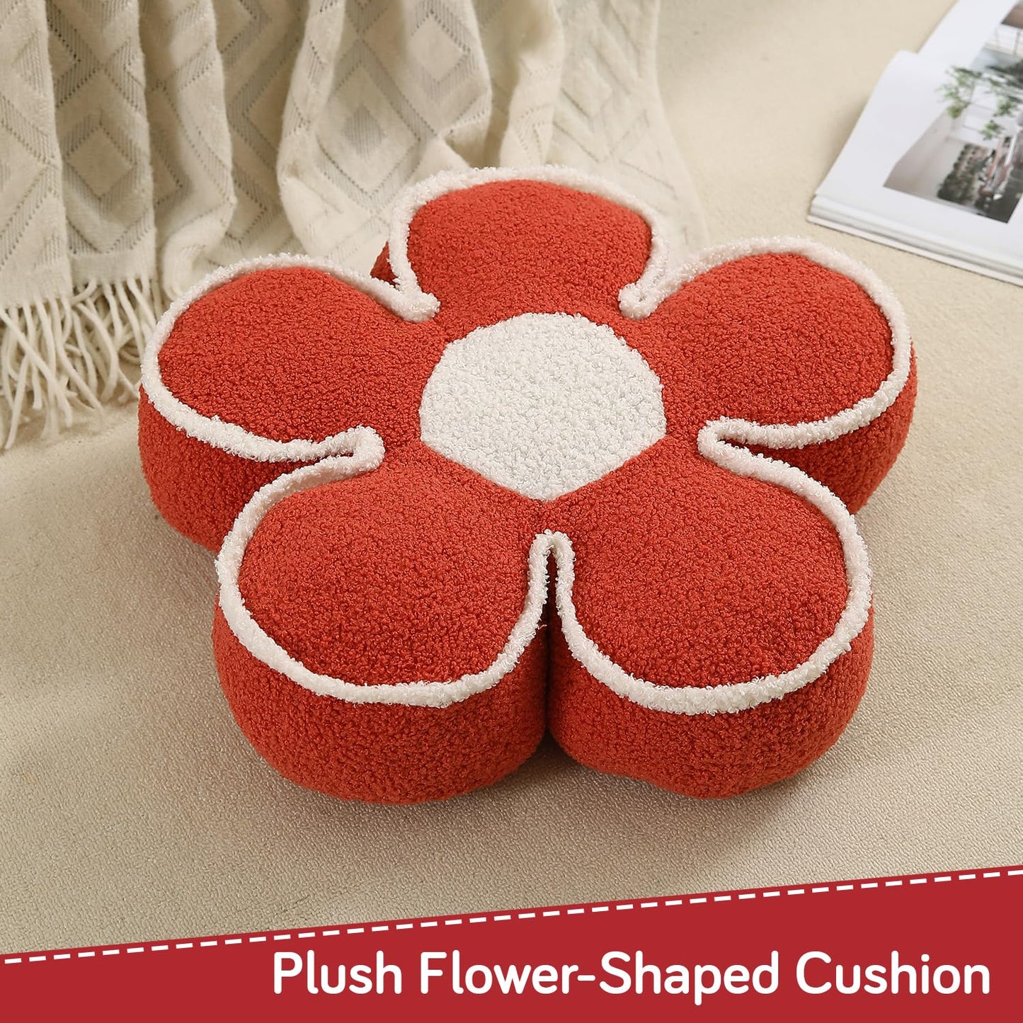 HOKIPO Plush Cotton Flower Cushion | Decorative Throw Pillow for Bed & Sofa - Orange