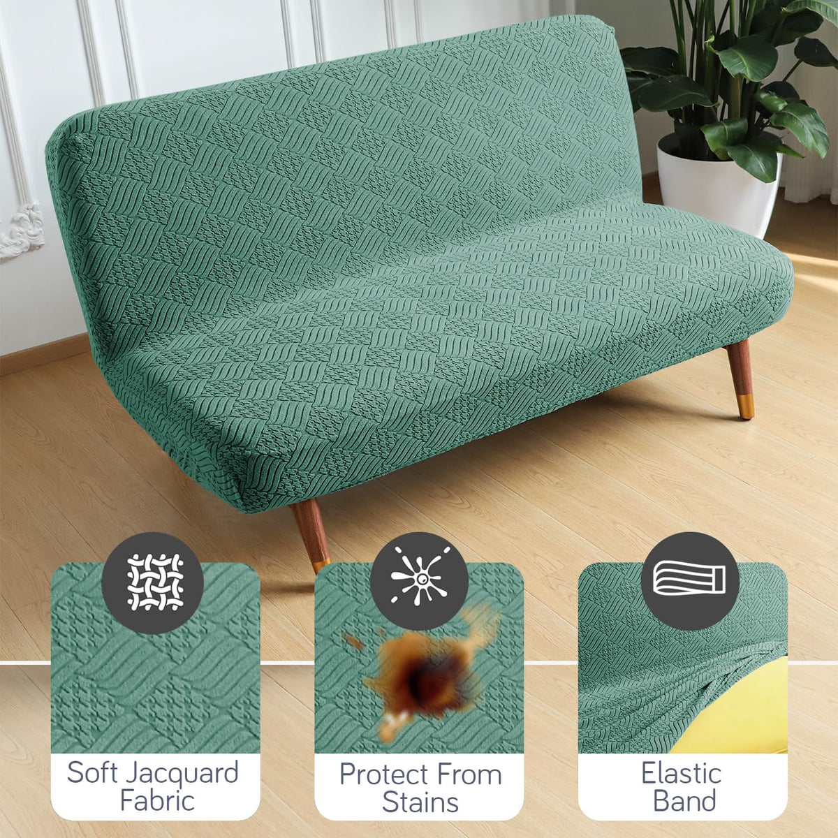 Buy Green Colour Soft Jacquard Elastic Armless Sofa Cover | HOKIPO