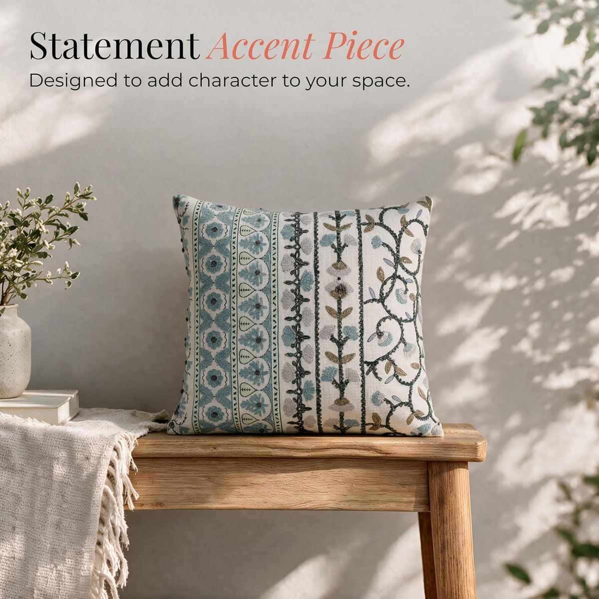 HOKIPO Printed Cushion Cover with Embroidery, Floral Strip Ivory, 16 x 16 in (Heathered Embroidery) - image 5