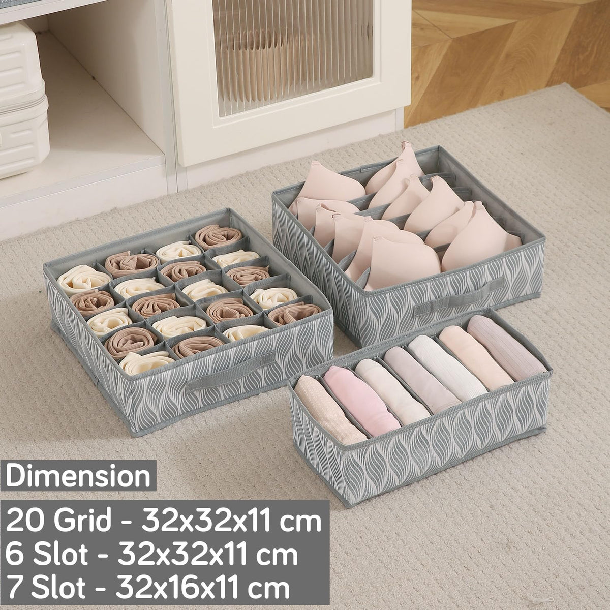 Lingerie Organizer for Women – Bra Organizer for Wardrobe & Drawers | Foldable Innerwear Organiser for Bras, Camisoles | Non-Woven Fabric, Grey leaves