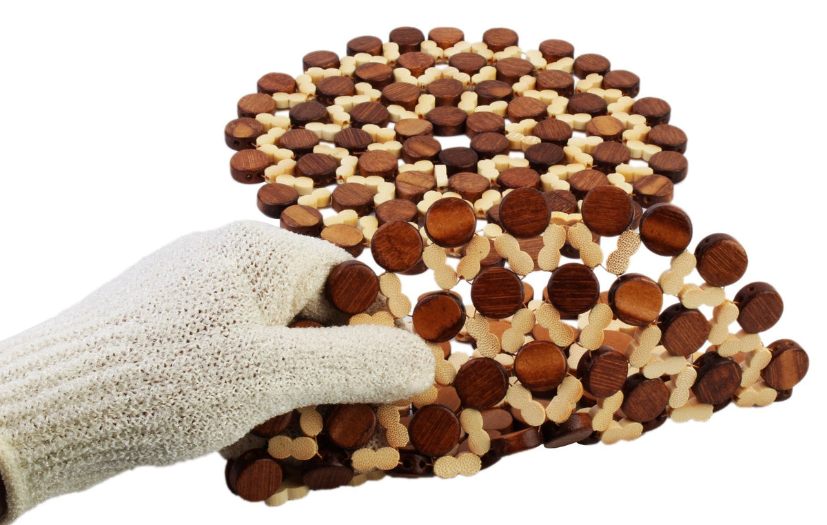 Buy Flexible round bamboo coaster pad showing durable linked wooden design