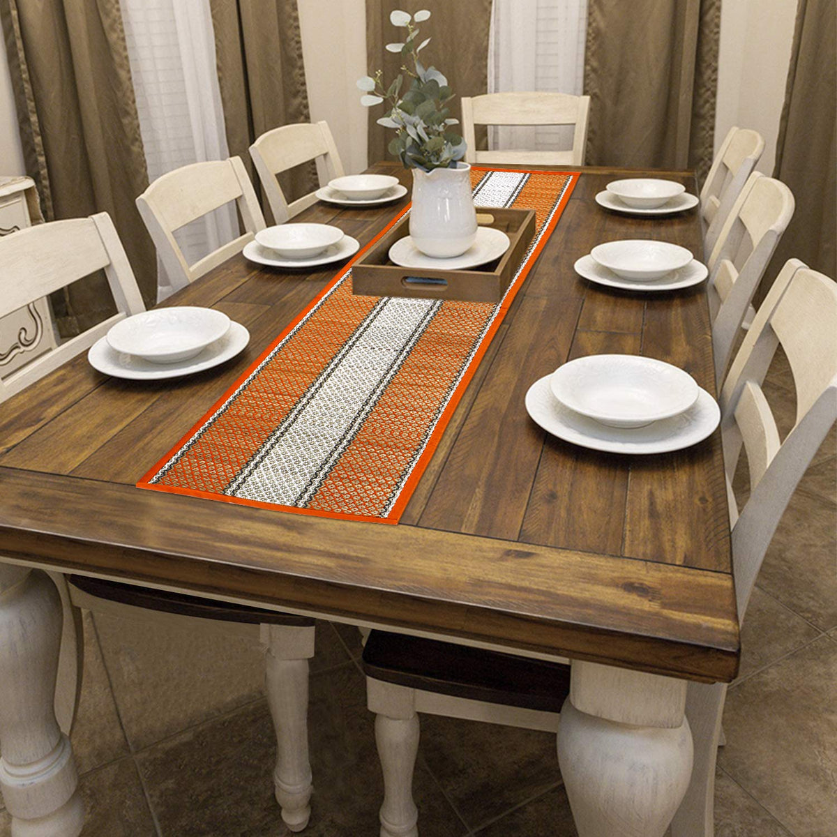 Buy Orange Colour natural handmade Madurkathi table runner for 6 seater tables | HOKIPO