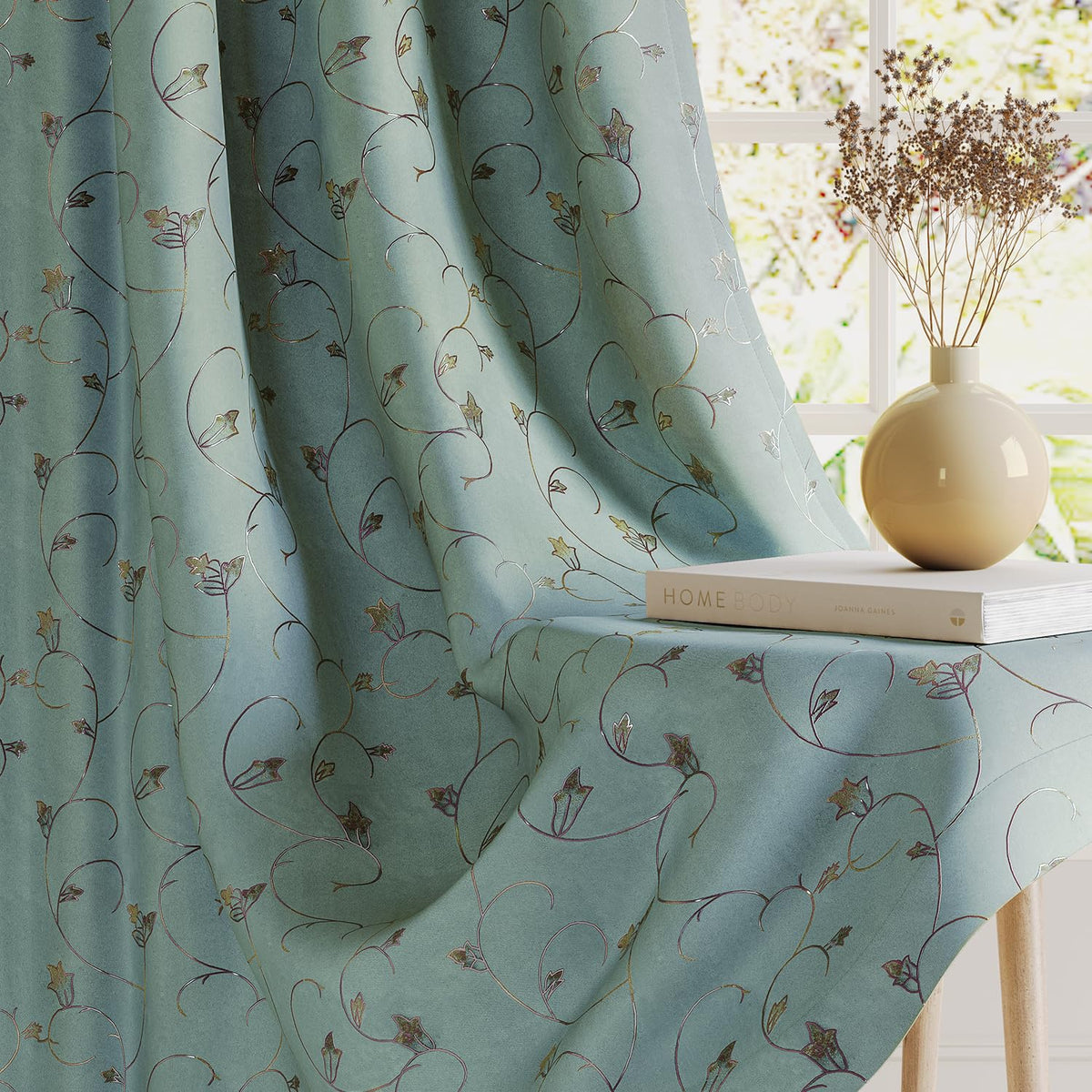 HOKIPO Golden Vine Eyelet Curtains, 7 Feet Long - Sage Green