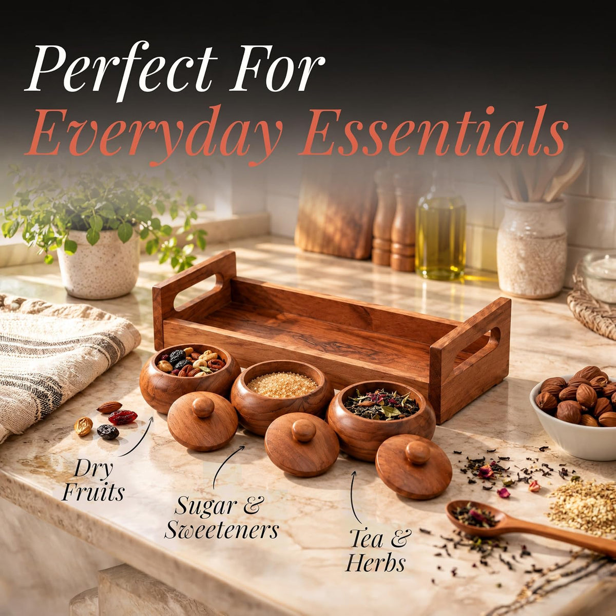 HOKIPO Arbor Acacia Wood Spice Jar Set with Tray, 3 Jars, Masala Box - image 5