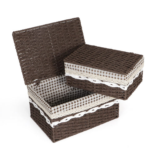 Environmental Friendly Paper Rope Wicker Storage Baskets with lid, Pack of 2, Brown