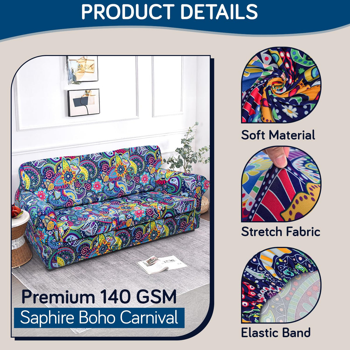 Printed Stretchable Sofa Slipcover with 1/2/3 Pc Separate Seat Cushion Cover for each 1/2/3 Seater, Saphire Boho Carnival