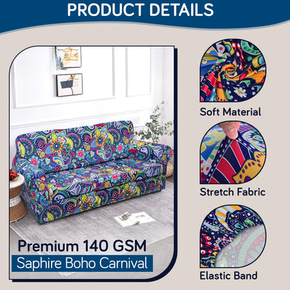 Printed Stretchable Sofa Slipcover with 1/2/3 Pc Separate Seat Cushion Cover for each 1/2/3 Seater, Saphire Boho Carnival