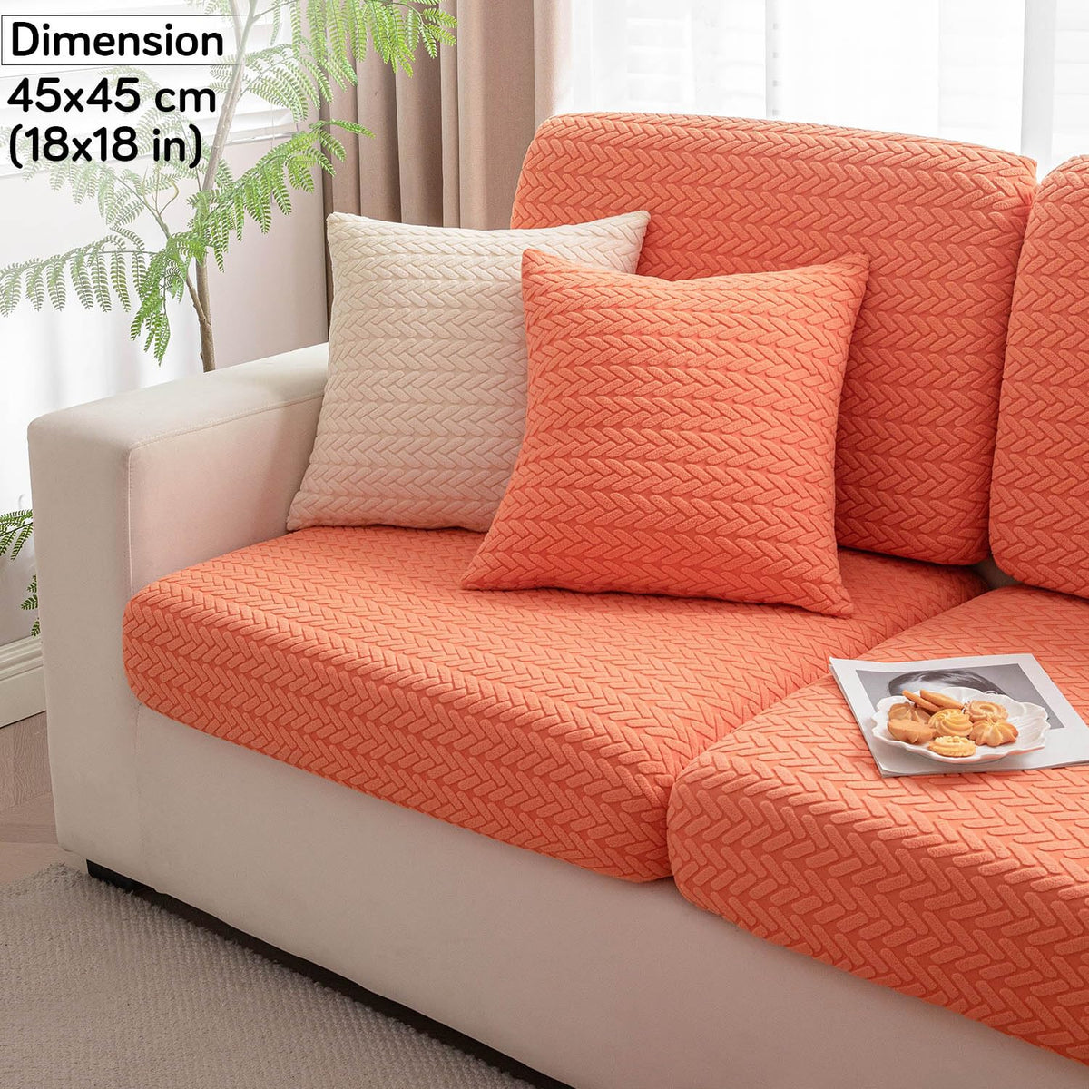 Orange Colour Grid Texture Jacquard Sofa Cushion Cover