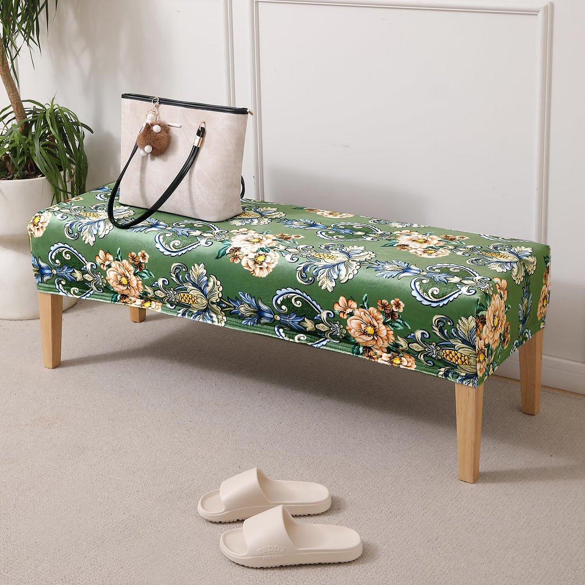 Premium Printed Velvet Elastic Dining Bench Cover, Green Victorian Garden