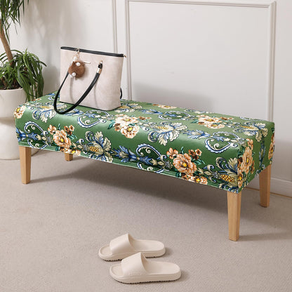 Premium Printed Velvet Elastic Dining Bench Cover, Green Victorian Garden