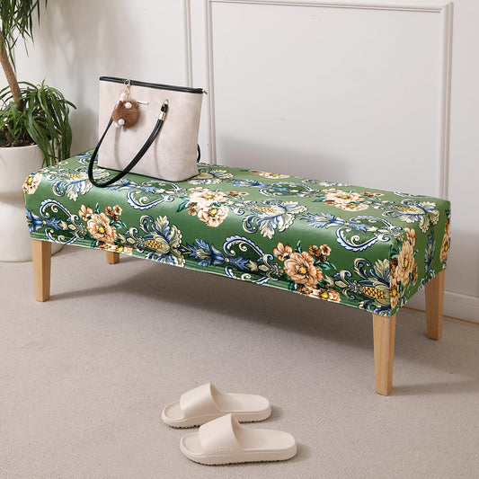 Premium Printed Velvet Elastic Dining Bench Cover, Green Victorian Garden