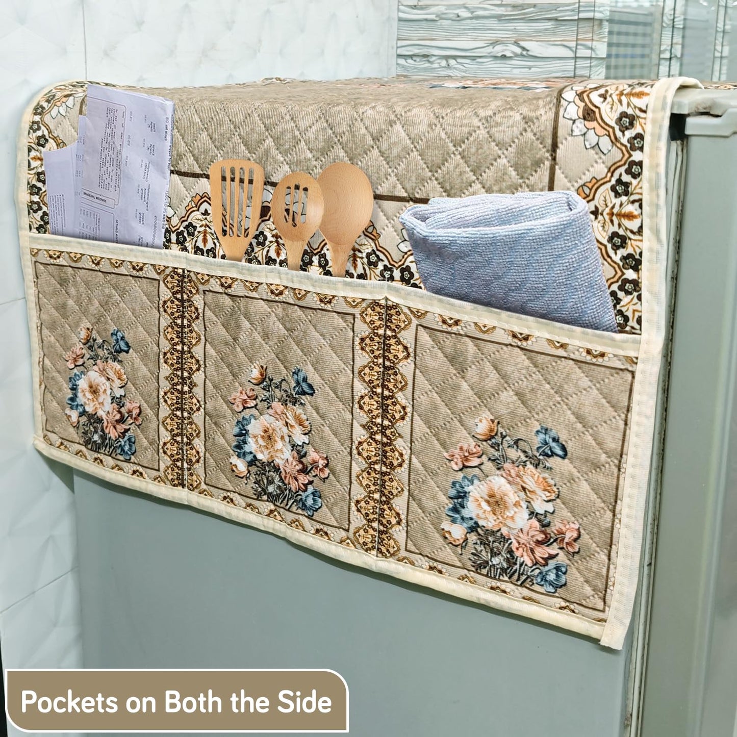 Eternal Floral Printed Quilted Fridge Top Cover with side Pockets - Whispering Roses