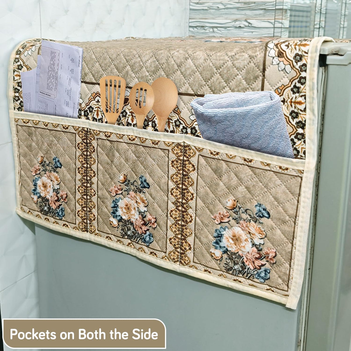 Eternal Floral Printed Quilted Fridge Top Cover with side Pockets - Whispering Roses