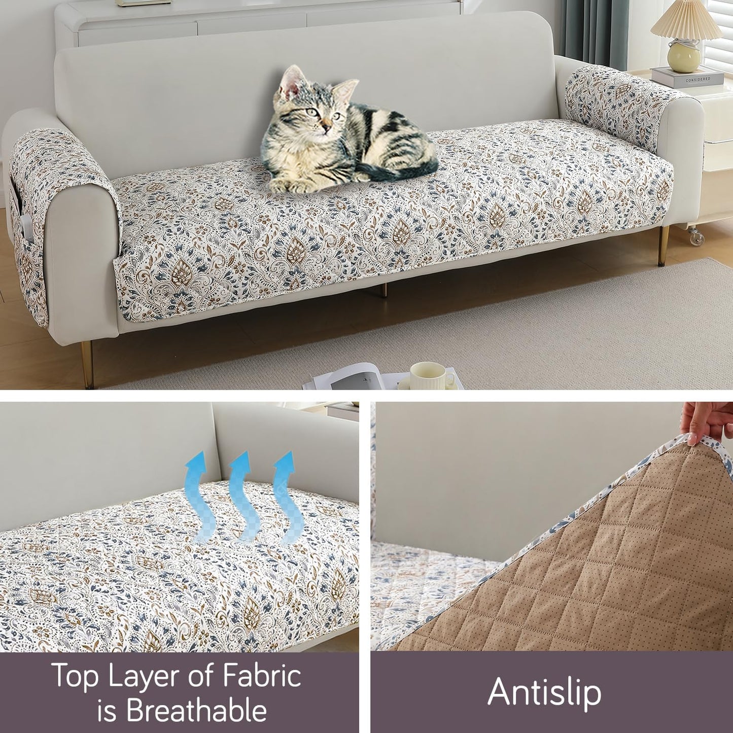 HOKIPO Quilted Waterproof Sofa Seat Mat with 2 Armrest Covers with Pockets, Damask White