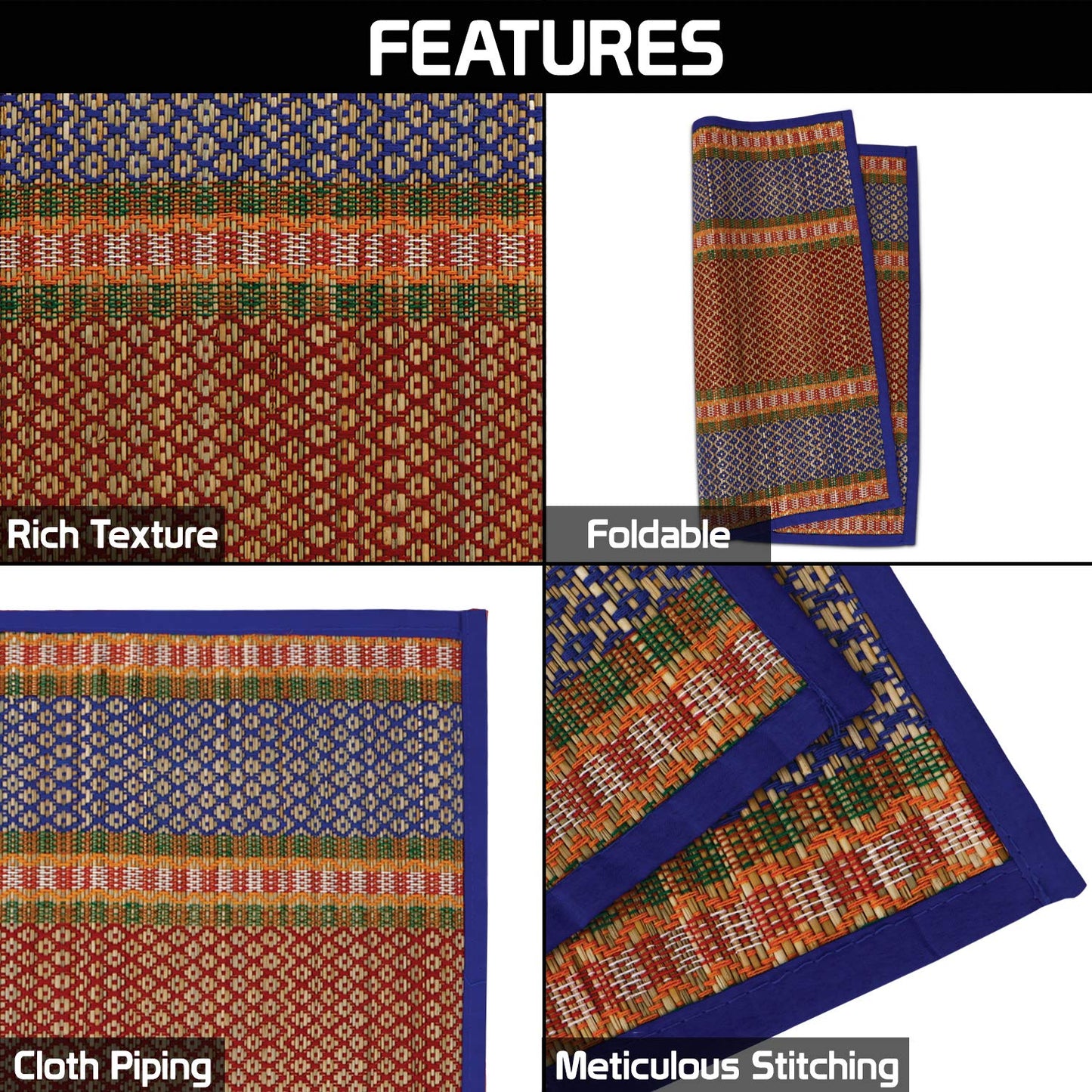 Natural River Grass Handcrafted Pooja Floor Mats/Meditation Prayer Mat/Sittting Mat/Aasan Mat Chatai for Pack of 2/4/6/8, Blue