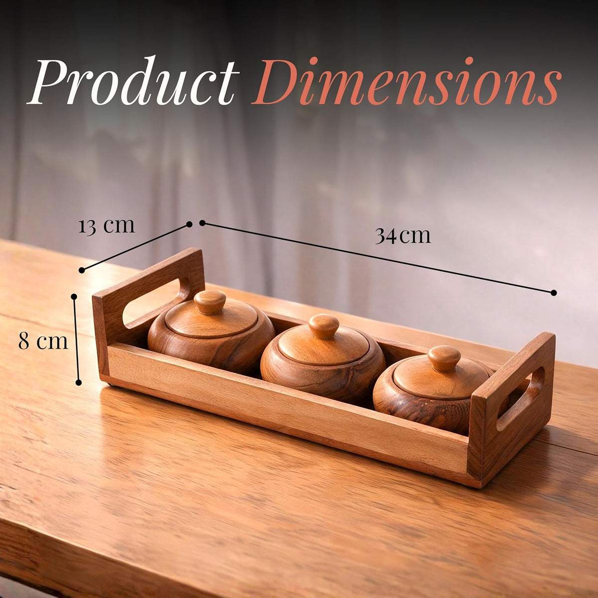 HOKIPO Arbor Acacia Wood Spice Jar Set with Tray, 3 Jars, Masala Box - image 6