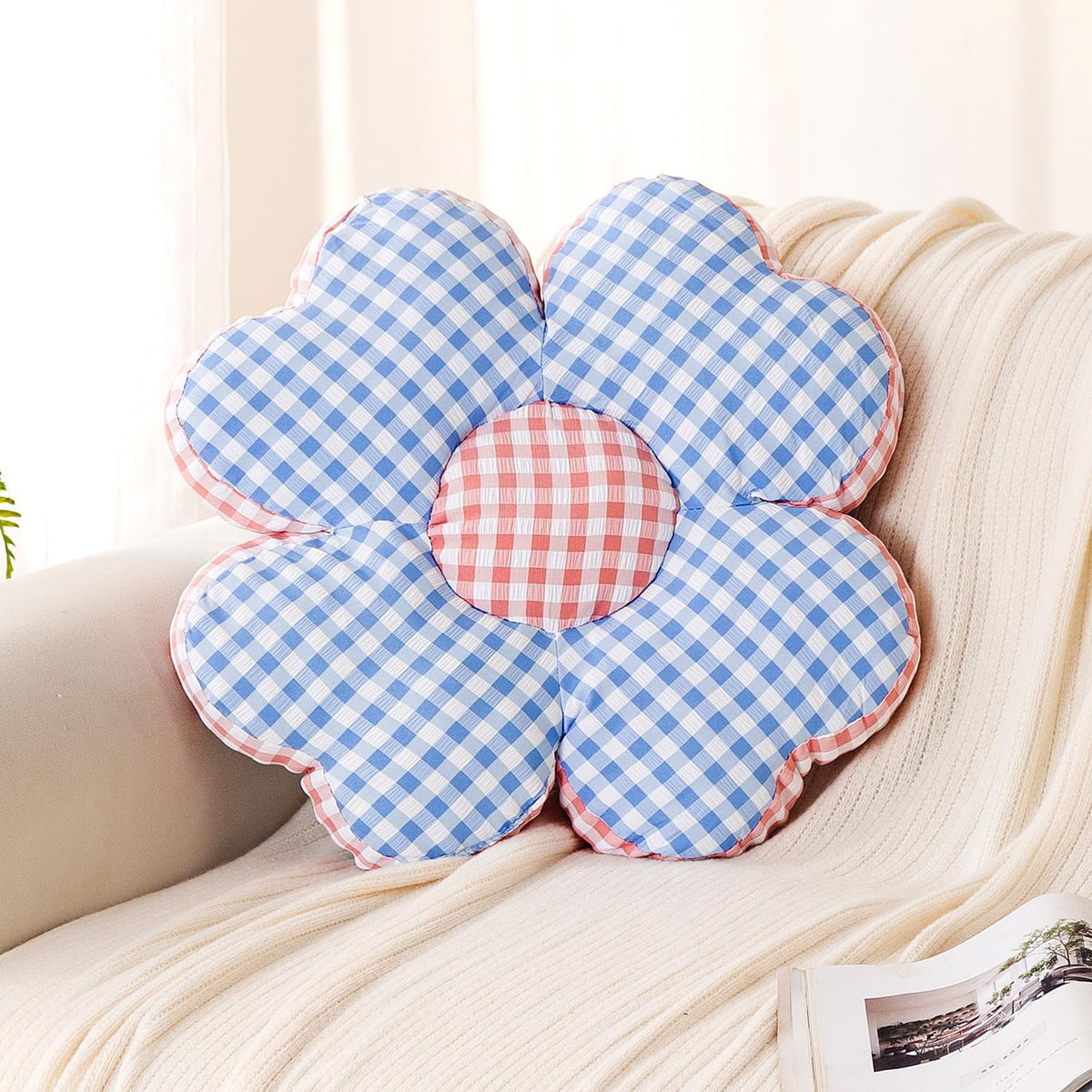 HOKIPO Checkered Daisy Flower Cushion for Sofa & Bed, 49 cm, Blue