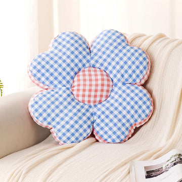 HOKIPO Checkered Daisy Flower Cushion for Sofa & Bed, 49 cm, Blue