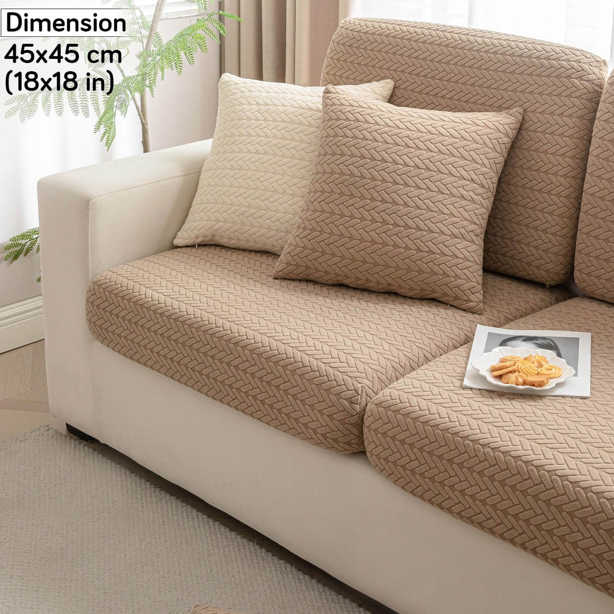Brown Colour Grid Texture Jacquard Sofa Cushion Cover