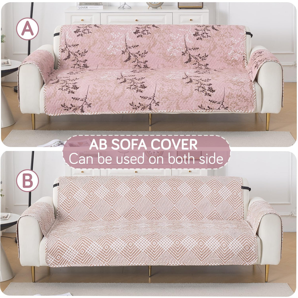 Easy Drape Reversible Quilted 5-Seater Sofa Cover (3+1+1), Blush Branch