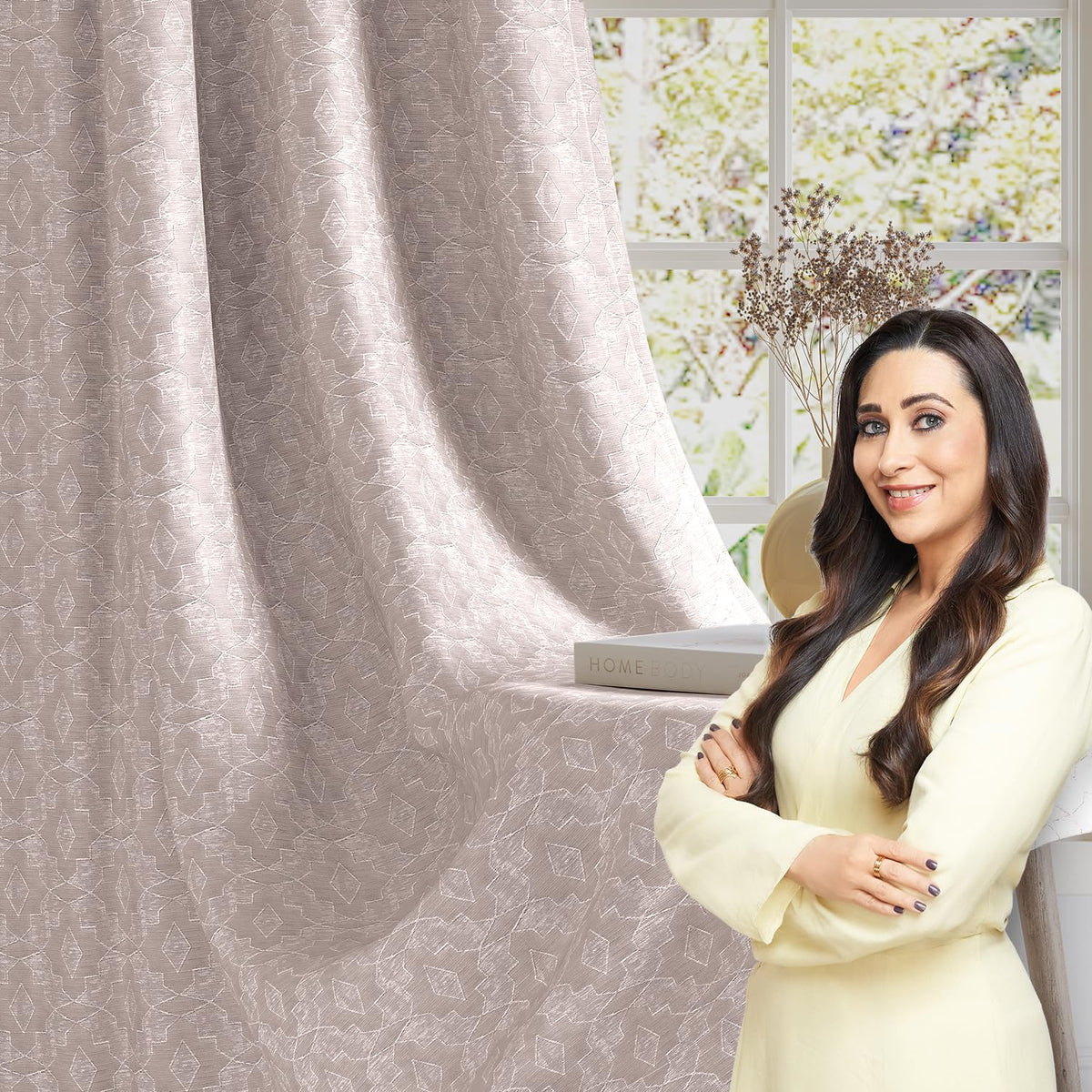HOKIPO Marrakesh Jacquard Eyelet Curtains, 7 Feet Long - Muted Blush