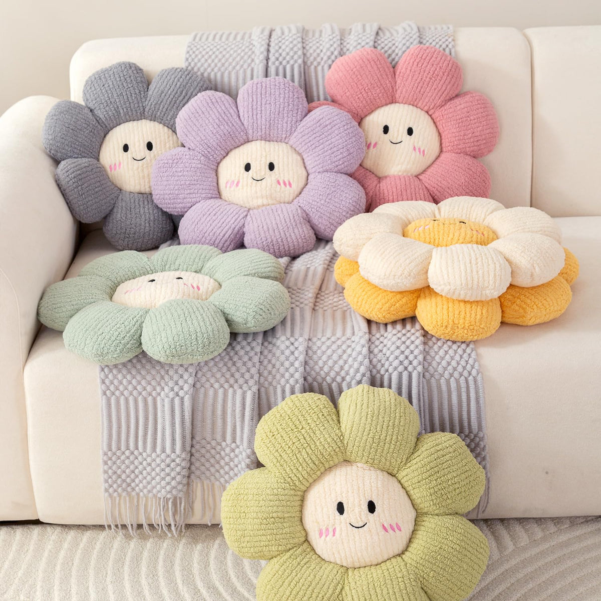 HOKIPO Cute Flower Plush Pillow | Soft Smiley Face Throw Cushion for Sofa, Couch & Bed | Fluffy Floral Pillow for Kids Room, Nursery & Home Décor | 46 cm, Lavender (AR-6729-LVNDR)