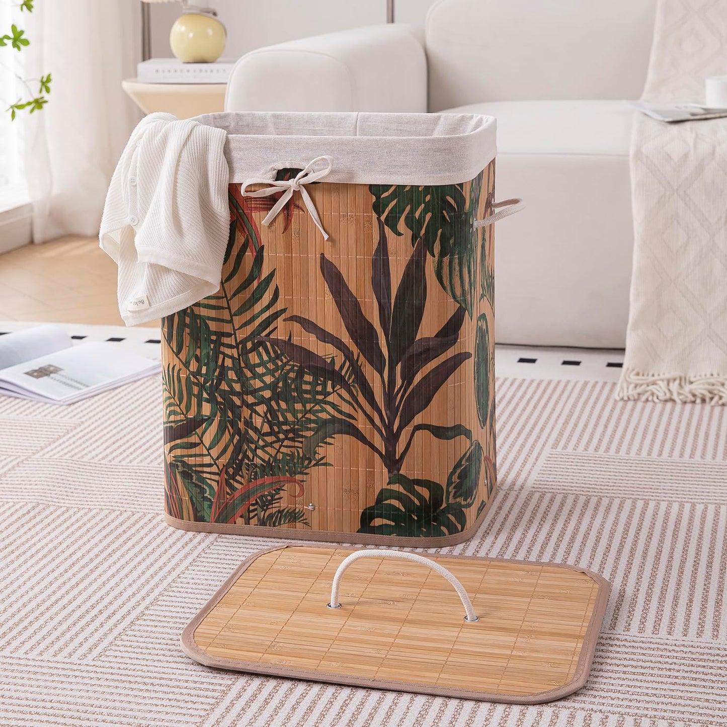 Eco-Friendly Foldable Bamboo Laundry Basket Hamper with Lid, Large - 60 Liter, Ficus Leaves