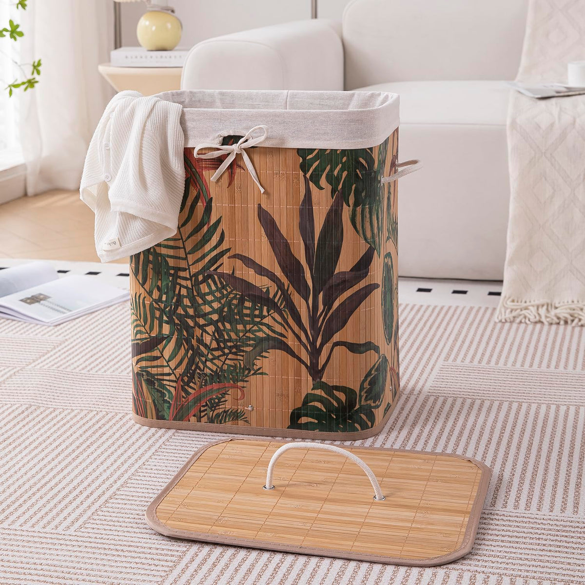 Eco-Friendly Foldable Bamboo Laundry Basket Hamper with Lid, Large - 60 Liter, Ficus Leaves