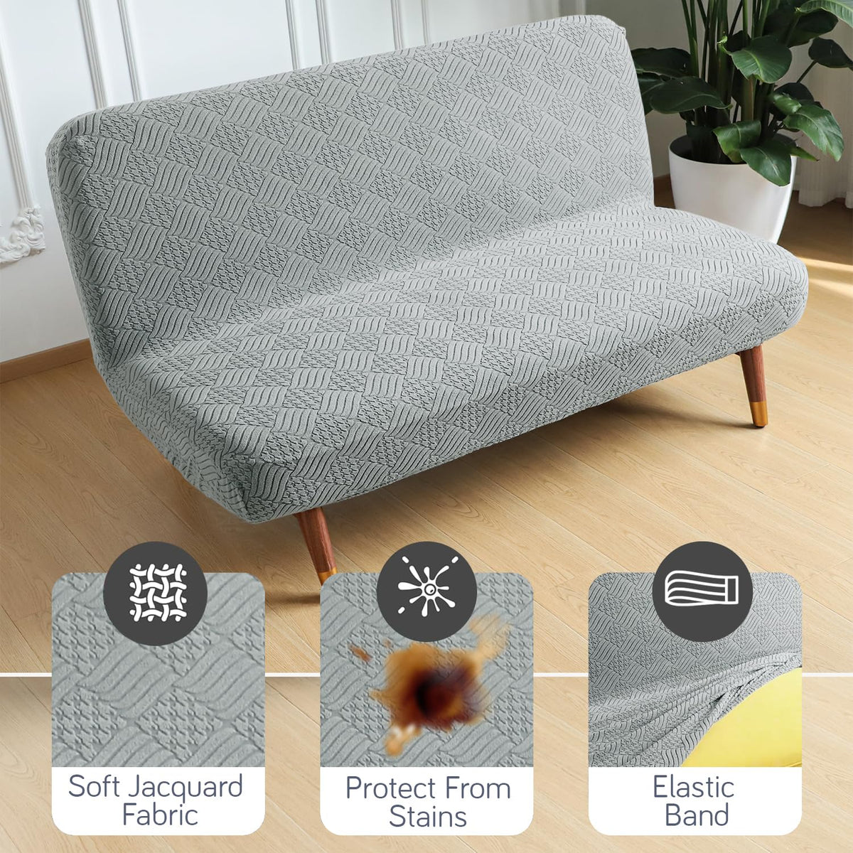 Buy Light Grey Colour Soft Jacquard Elastic Armless Sofa Cover | HOKIPO