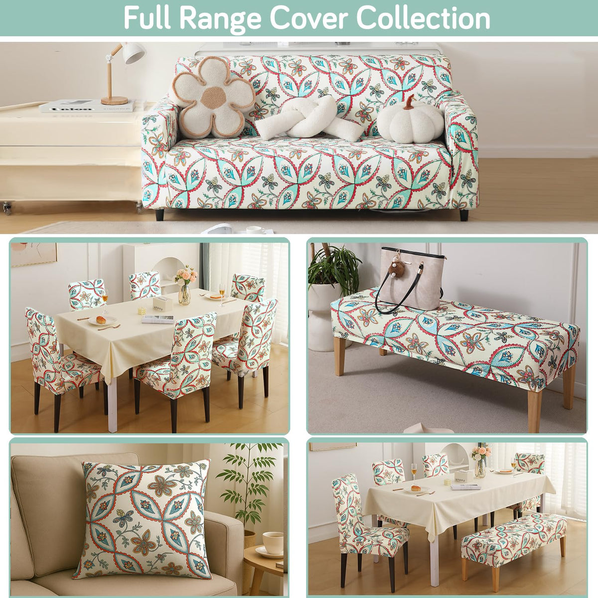 Premium Printed Velvet Stretchable Dining Bench Slipcover, Beige Persian Garden