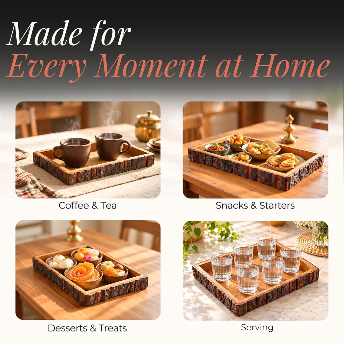 HOKIPO Arbor Mango Wood Serving Tray with Bark Edge, Rectangle 37.5 x 25 cm - image 4