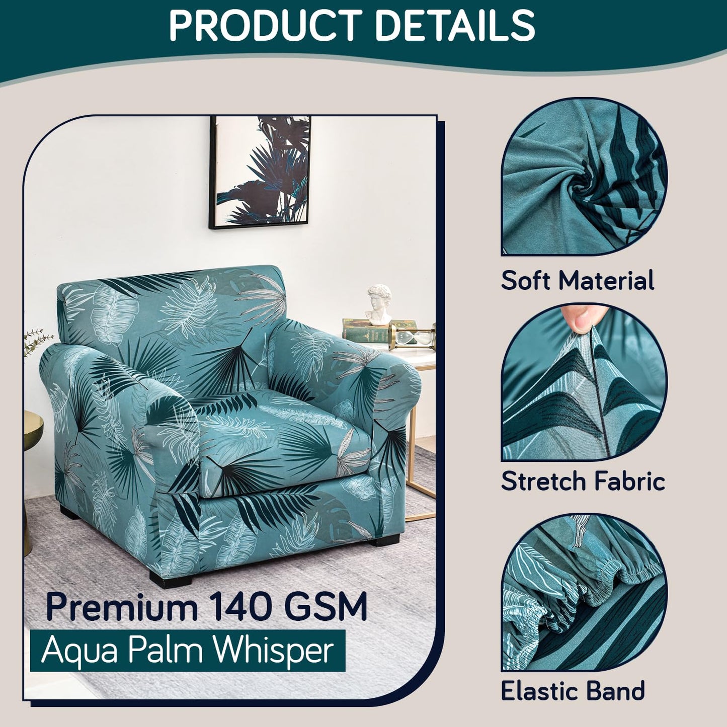 Printed Stretchable Sofa Slipcover with 1/2/3 Pc Separate Seat Cushion Cover for each 1/2/3 Seater, Aqua Palm Whisper