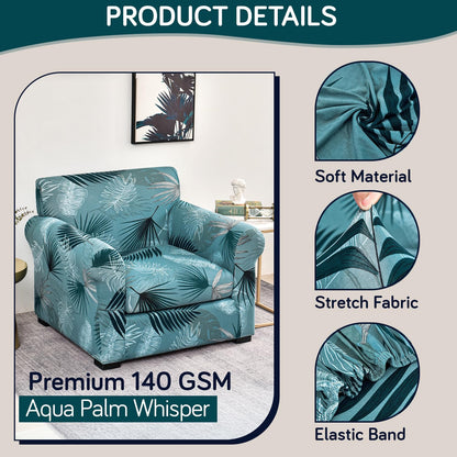 Printed Stretchable Sofa Slipcover with 1/2/3 Pc Separate Seat Cushion Cover for each 1/2/3 Seater, Aqua Palm Whisper