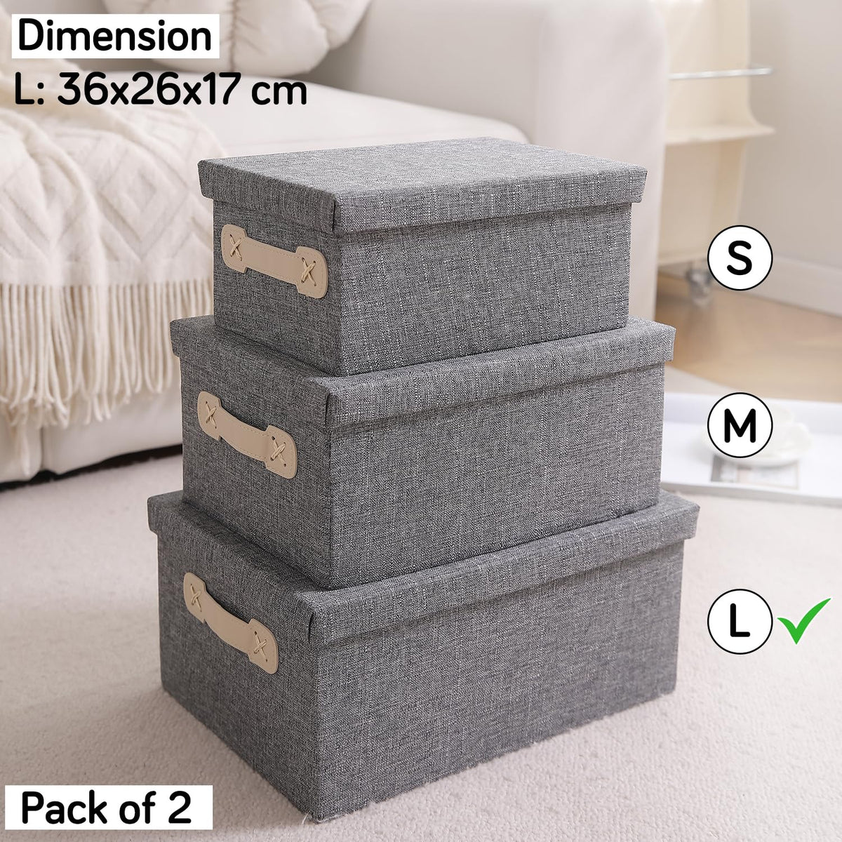 Organisers Storage Box with Lid, Grey, Pack of 2