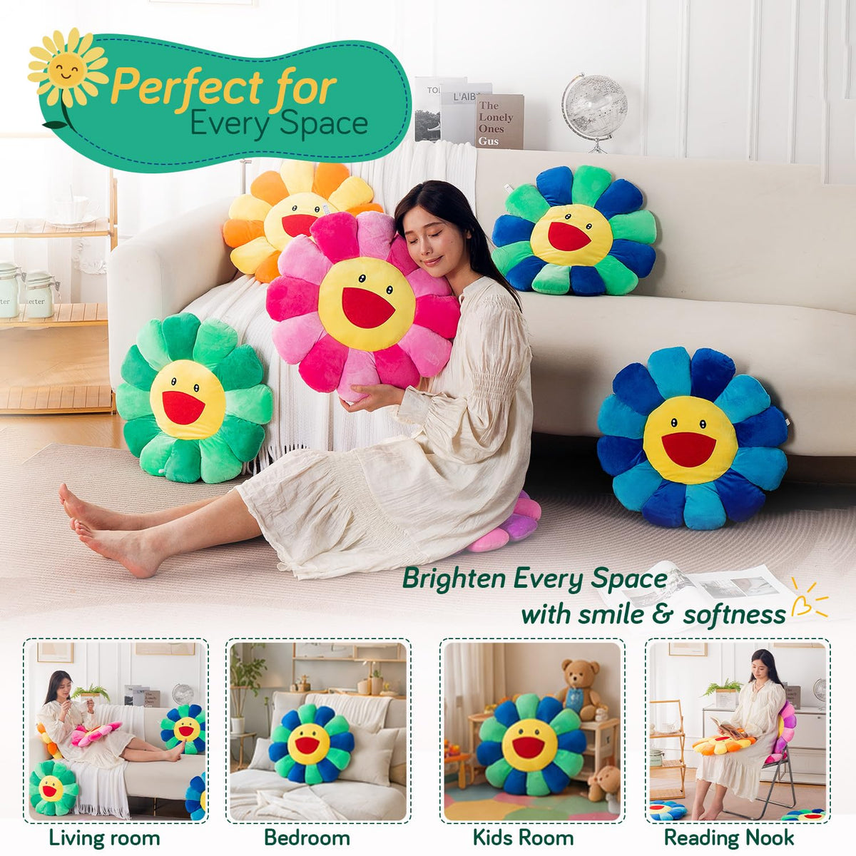 HOKIPO Smiley Sunflower Cushion for Sofa & Bed, 45 cm, Green