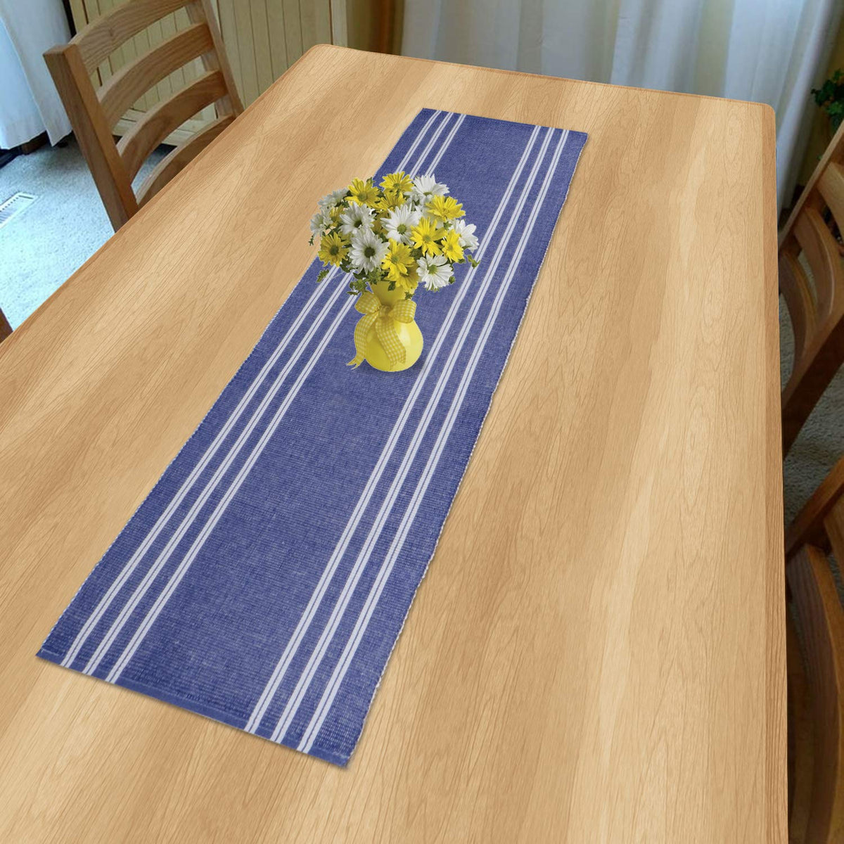 Buy Blue Colour Eco-friendly Cotton Ribbed Dining Table Runner | HOKIPO