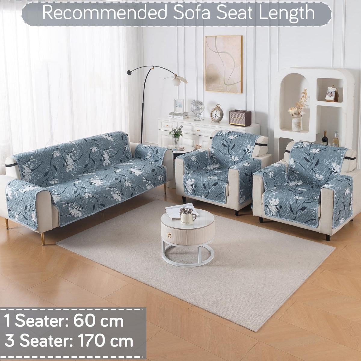Easy Drape Reversible Quilted 5-Seater Sofa Cover (3+1+1), Blue Blossom