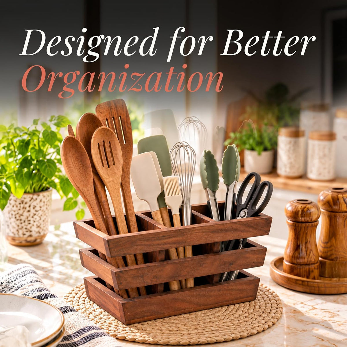 HOKIPO Arbor Acacia Wood Cutlery Holder, 3 Compartment Slatted Spoon Stand - image 2