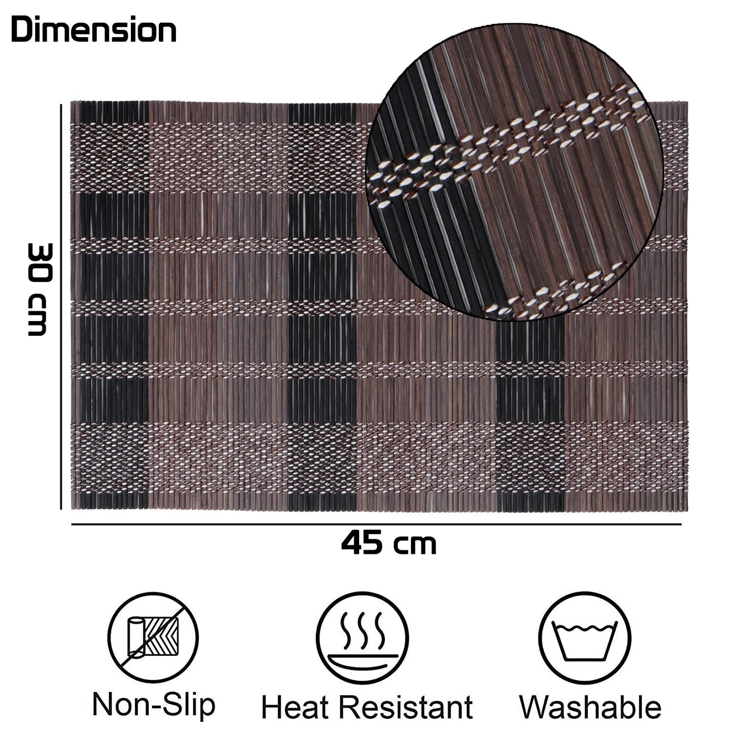 Reversible Bamboo Placemats for Dining Table Set of 6 Table Mats, 45x30 cm, Brown Black