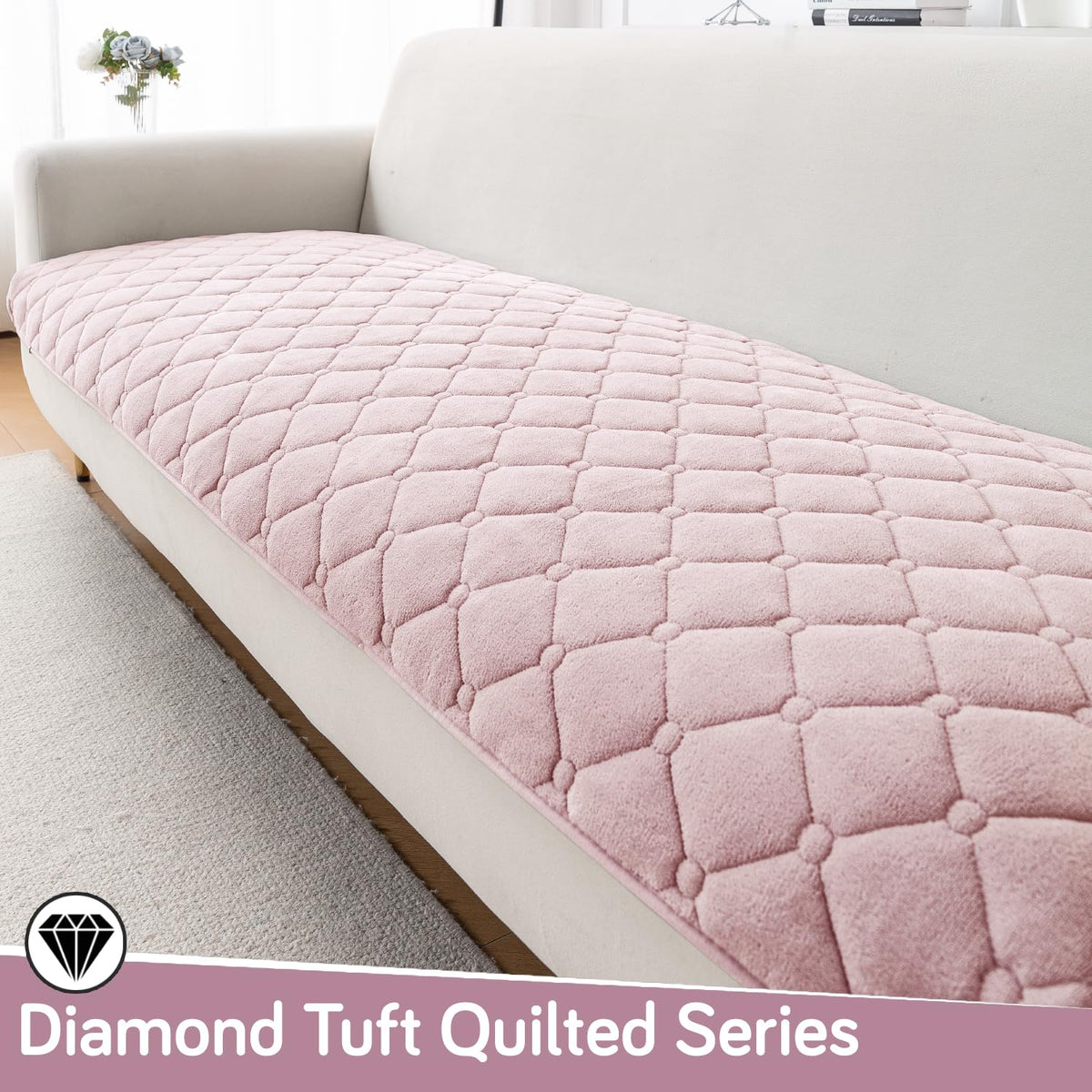 Diamond Tuft Quilted 5-Seater Sofa Mat (3+1+1), Anti-Slip, Blush Pink