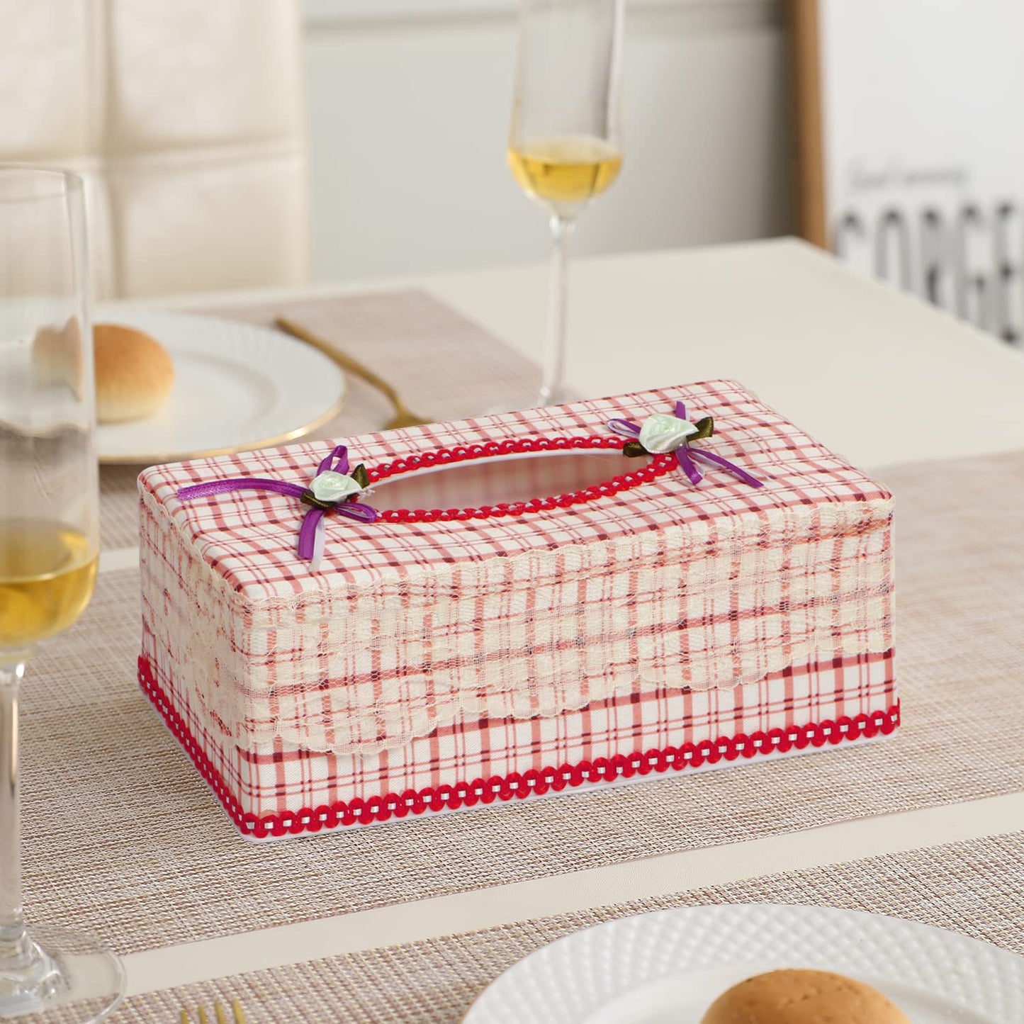 Plastic Tissue Paper Box Holder, Check Red