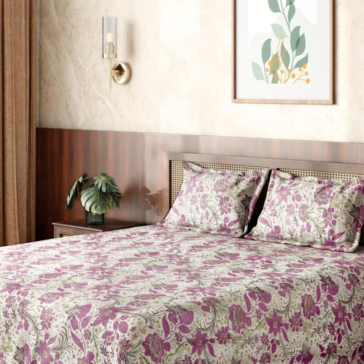 HOKIPO King Size Cotton Bedsheet, 2 Pillow Covers, Etched Botanicals, Plum - image 1
