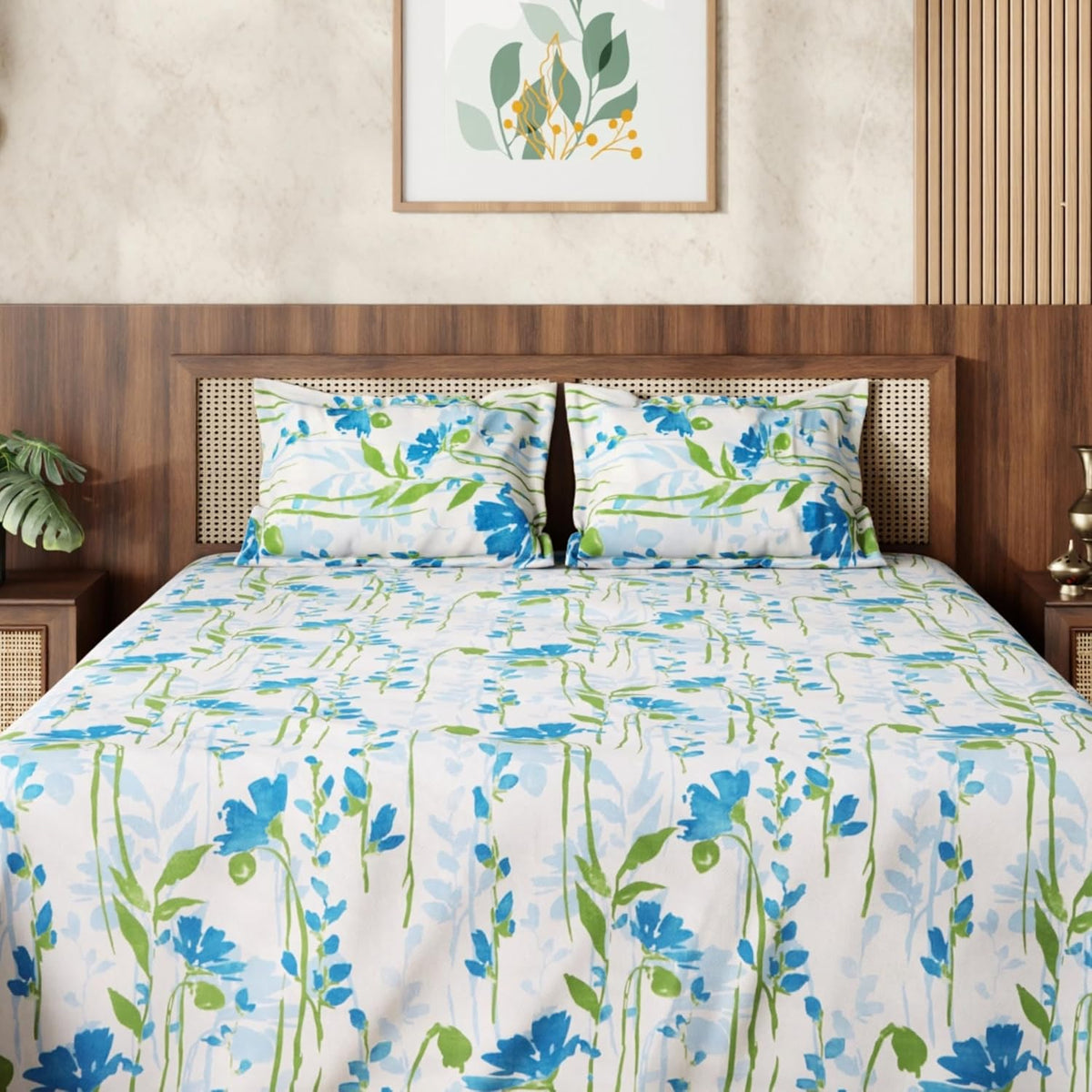 HOKIPO King Size Cotton Bedsheet, 2 Pillow Covers, Floral, Azure Blue - image 9
