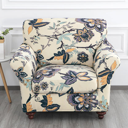 Printed Stretchable Sofa Slipcover with 1/2/3 Pc Separate Seat Cushion Cover for each 1/2/3 Seater, Cream Majestic Flora