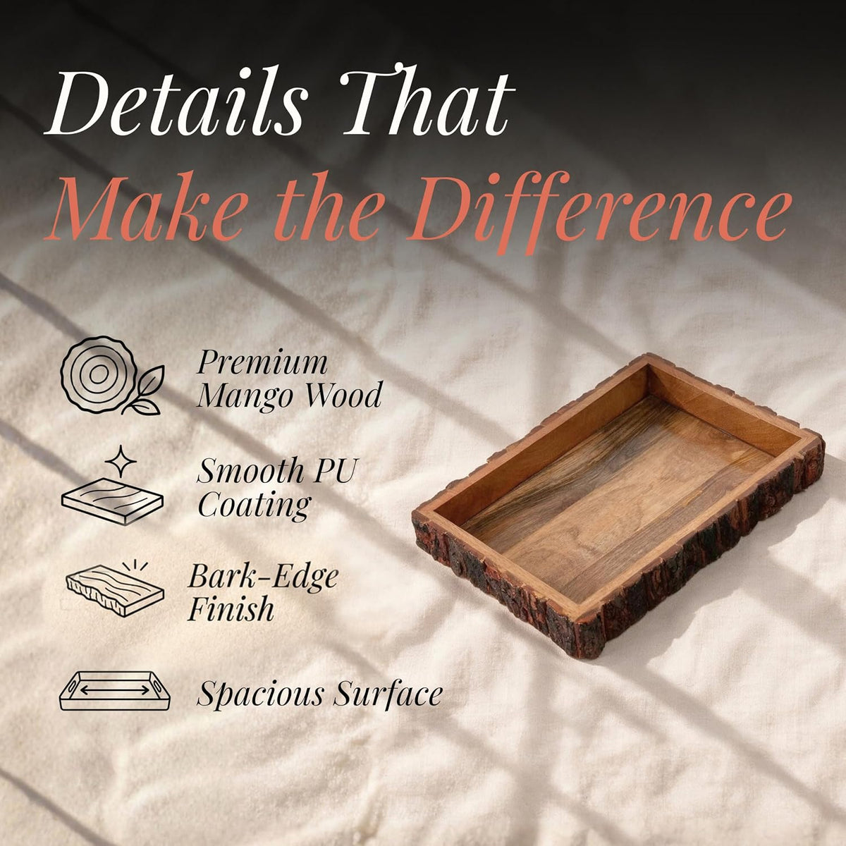 HOKIPO Arbor Mango Wood Serving Tray with Bark Edge, Rectangle 37.5 x 25 cm - image 3