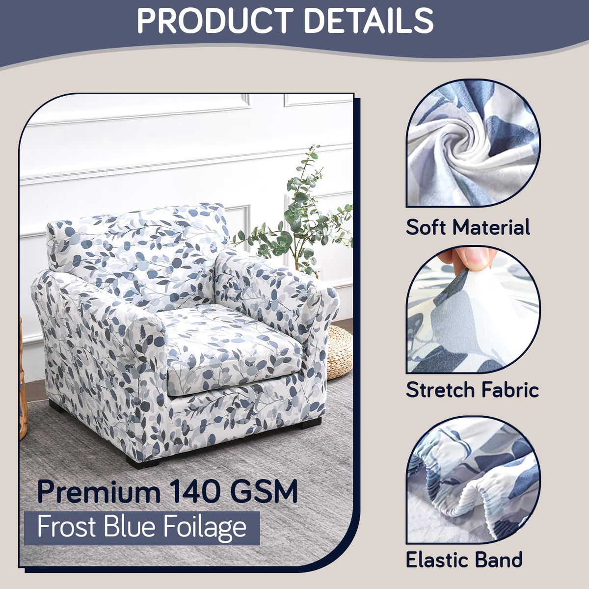 Printed Stretchable Sofa Slipcover with 1/2/3 Pc Separate Seat Cushion Cover for each 1/2/3 Seater,Frost Blue Foilage